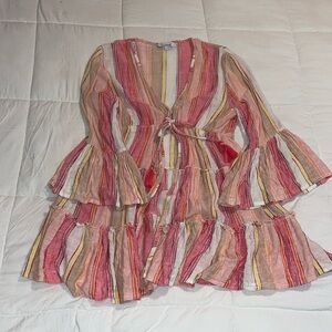 EUC! Blue Island size M multi-color stripe beach kimono w/tassels.